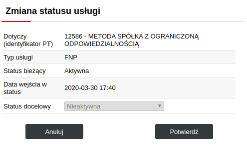 Zmiana statusu usługi